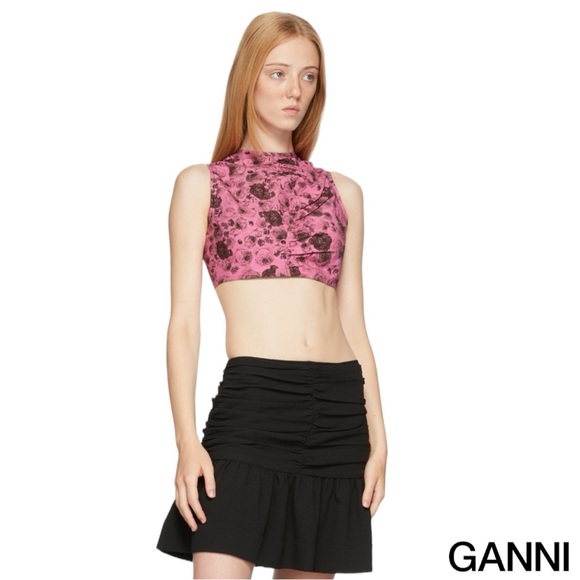 GANNI **NWT** Asymmetrical Ruched Lace-Up Top in Pink Rose Print - Picture 7 of 16